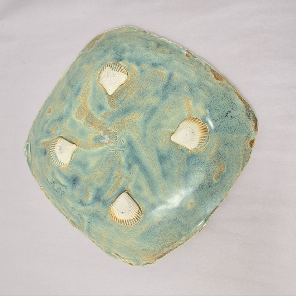 Coastal Ceramic Art Piece Plate in Teal and Tan Stamped Starfish & Sea Shells - Picture 6 of 11